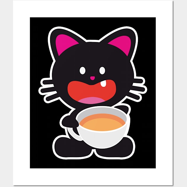 One Tooth Black Cat with Tea Wall Art by HappyGiftArt